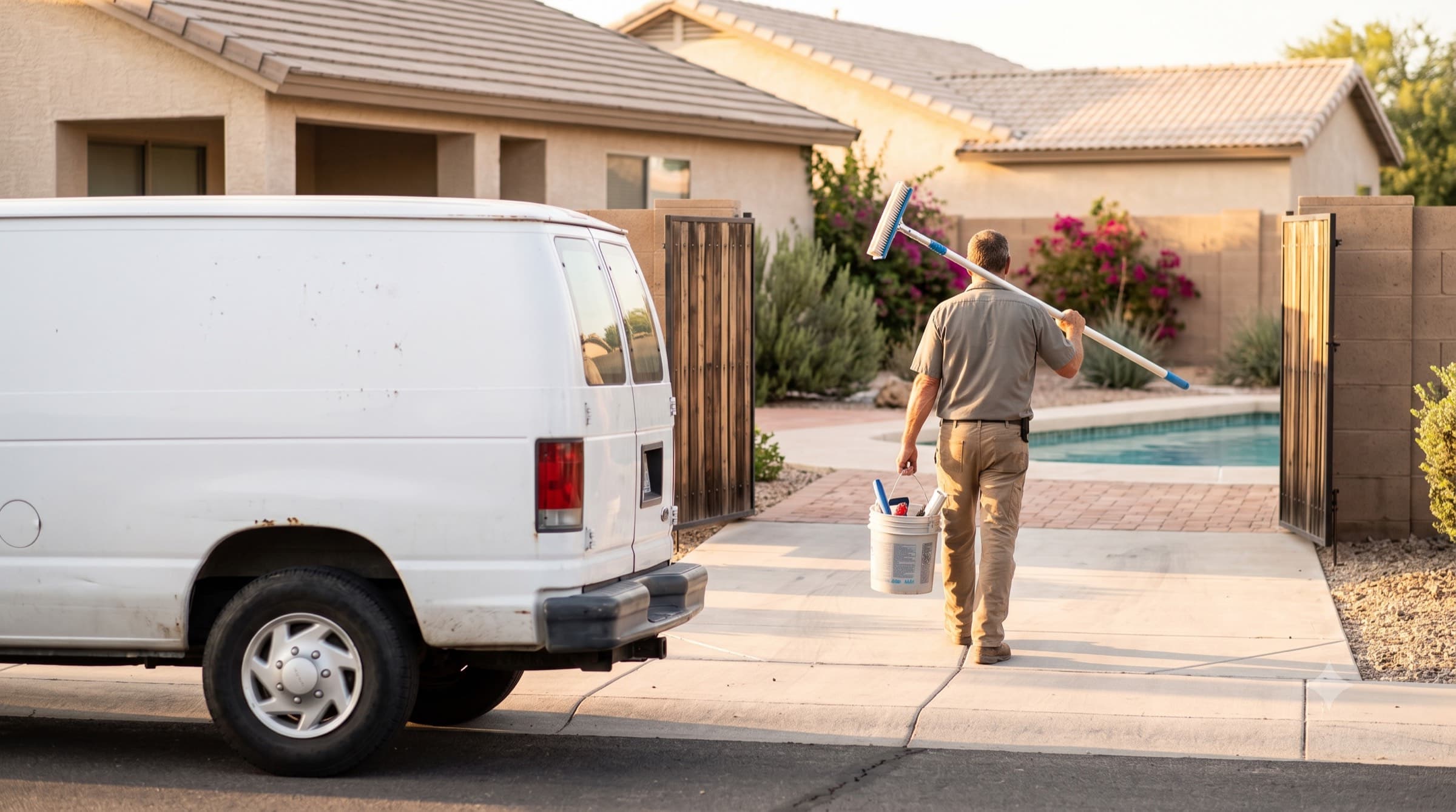 A pool service technician walking up a residential driveway with equipment