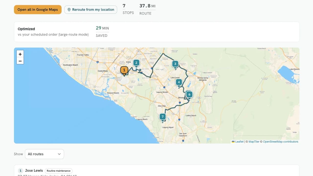 The PoolBeacon Today screen: a seven-stop route drawn across south Orange County, with 29 minutes saved versus the scheduled order