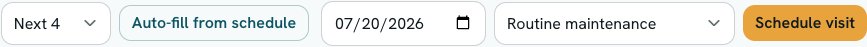 The Upcoming visits toolbar on a pool page: a date field, a service-type dropdown set to Routine maintenance, and the Schedule visit button