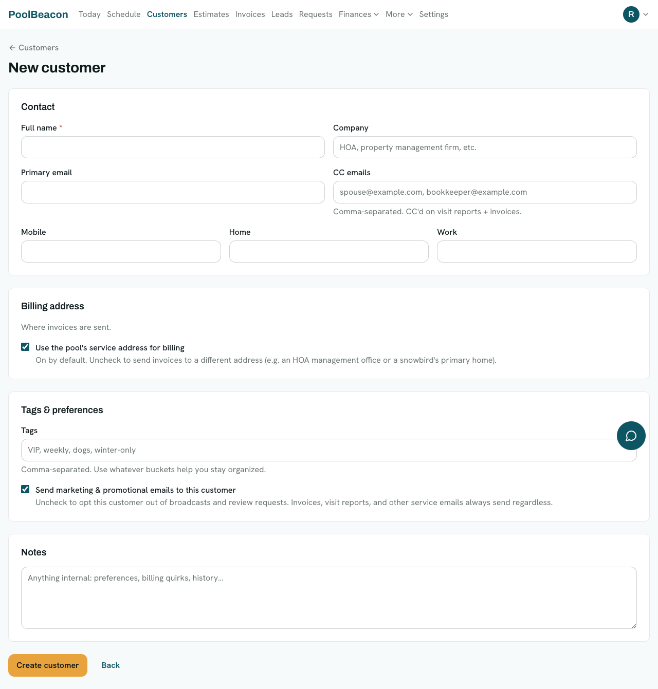 The PoolBeacon New customer form, with Full name marked as the only required field