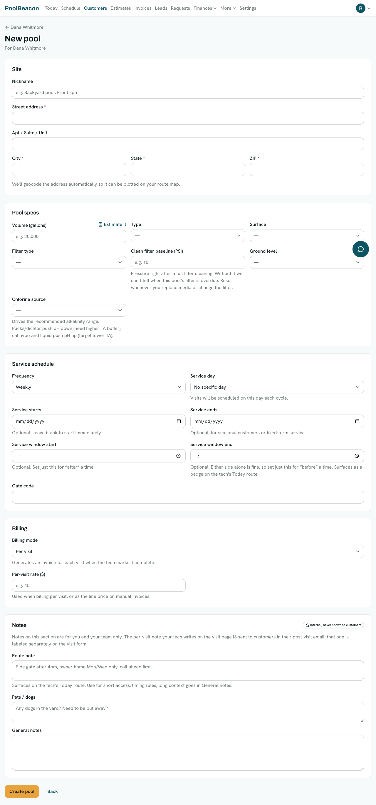 The PoolBeacon New pool form showing site, pool specs, service schedule, and billing sections