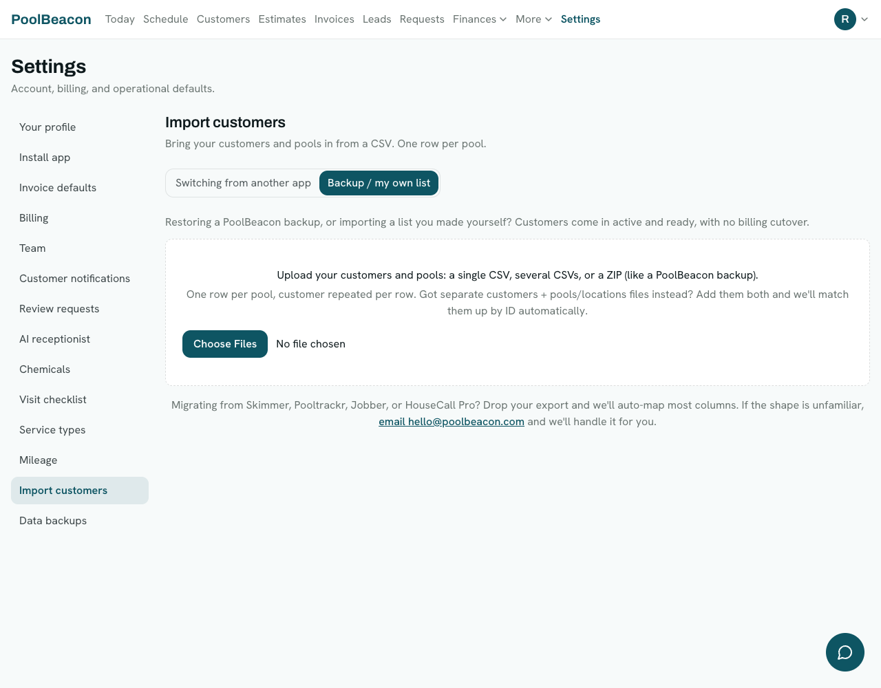 The Import customers screen with a mode toggle and a drop area to upload a CSV, several CSVs, or a ZIP