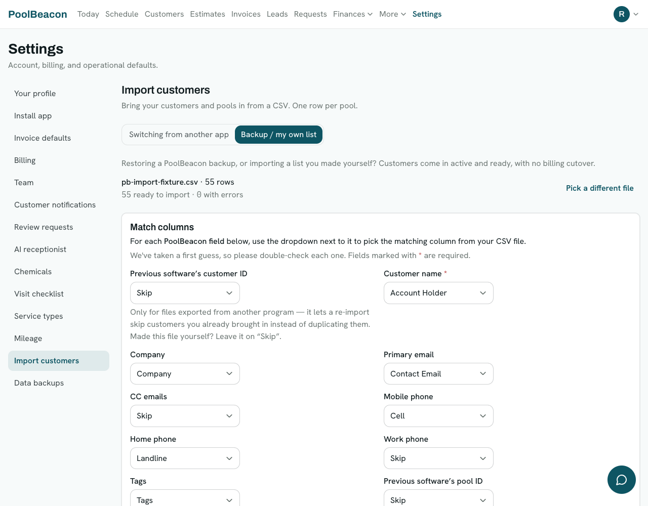 The Match columns step, with each PoolBeacon field auto-mapped to a column from the uploaded CSV and required fields marked with an asterisk