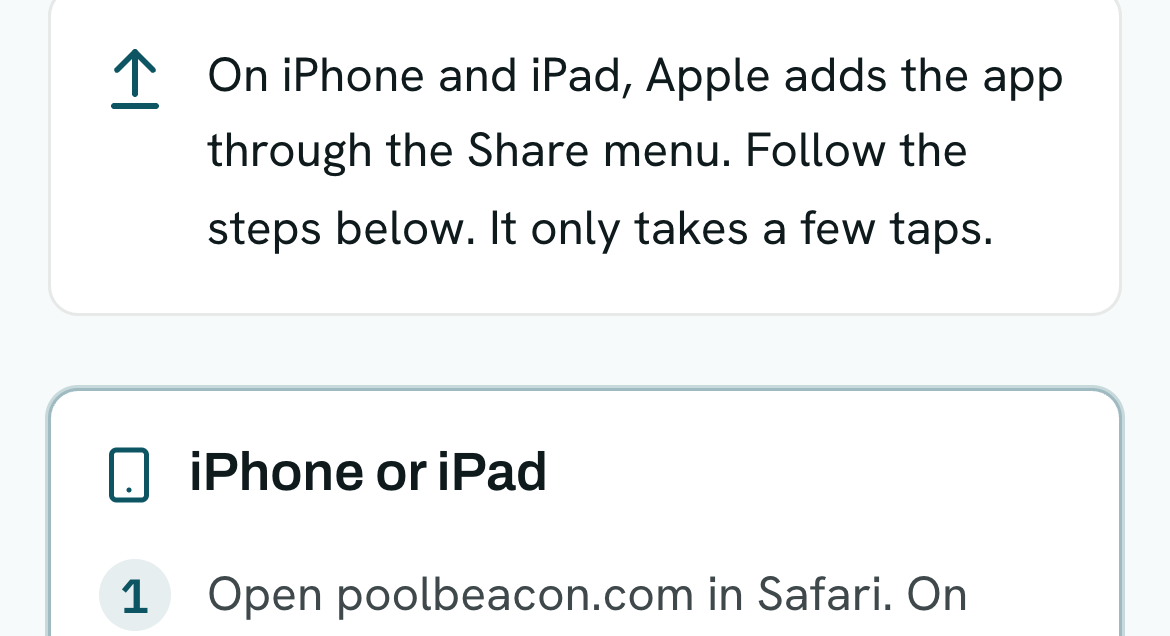 The install guide on an iPhone, showing the note that Apple adds the app through the Share menu above the iPhone or iPad steps