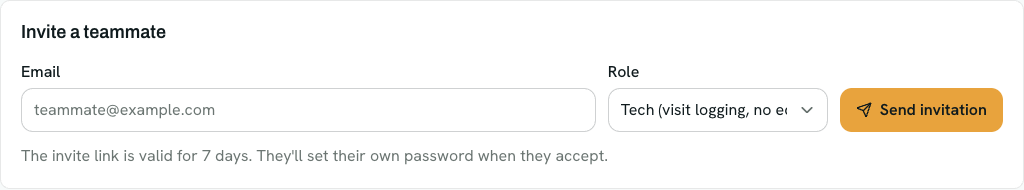 The Invite a teammate form: an email field, a Role dropdown set to Tech, and a Send invitation button