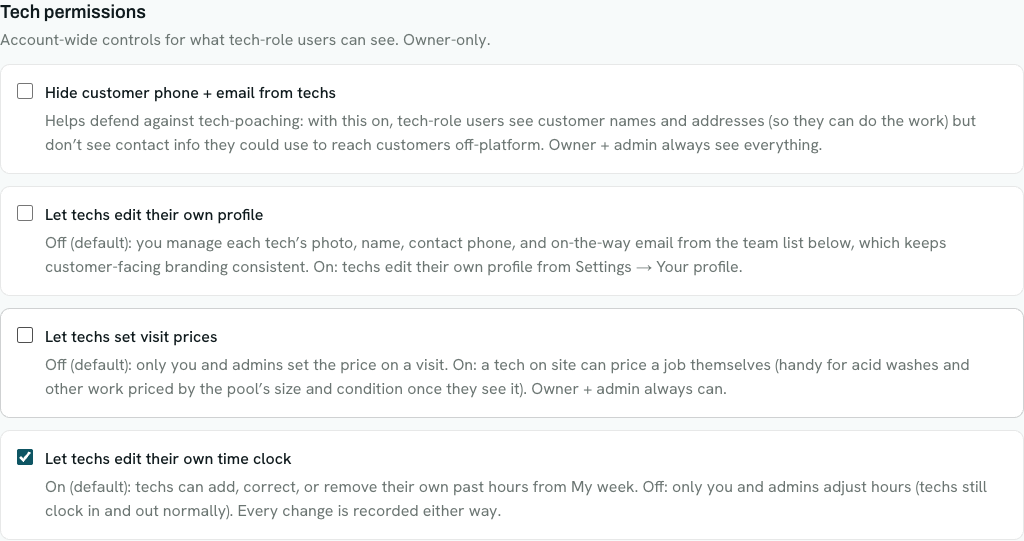 The Tech permissions section with four toggles: hide customer phone and email from techs, let techs edit their own profile, let techs set visit prices, and let techs edit their own time clock (the last one checked)