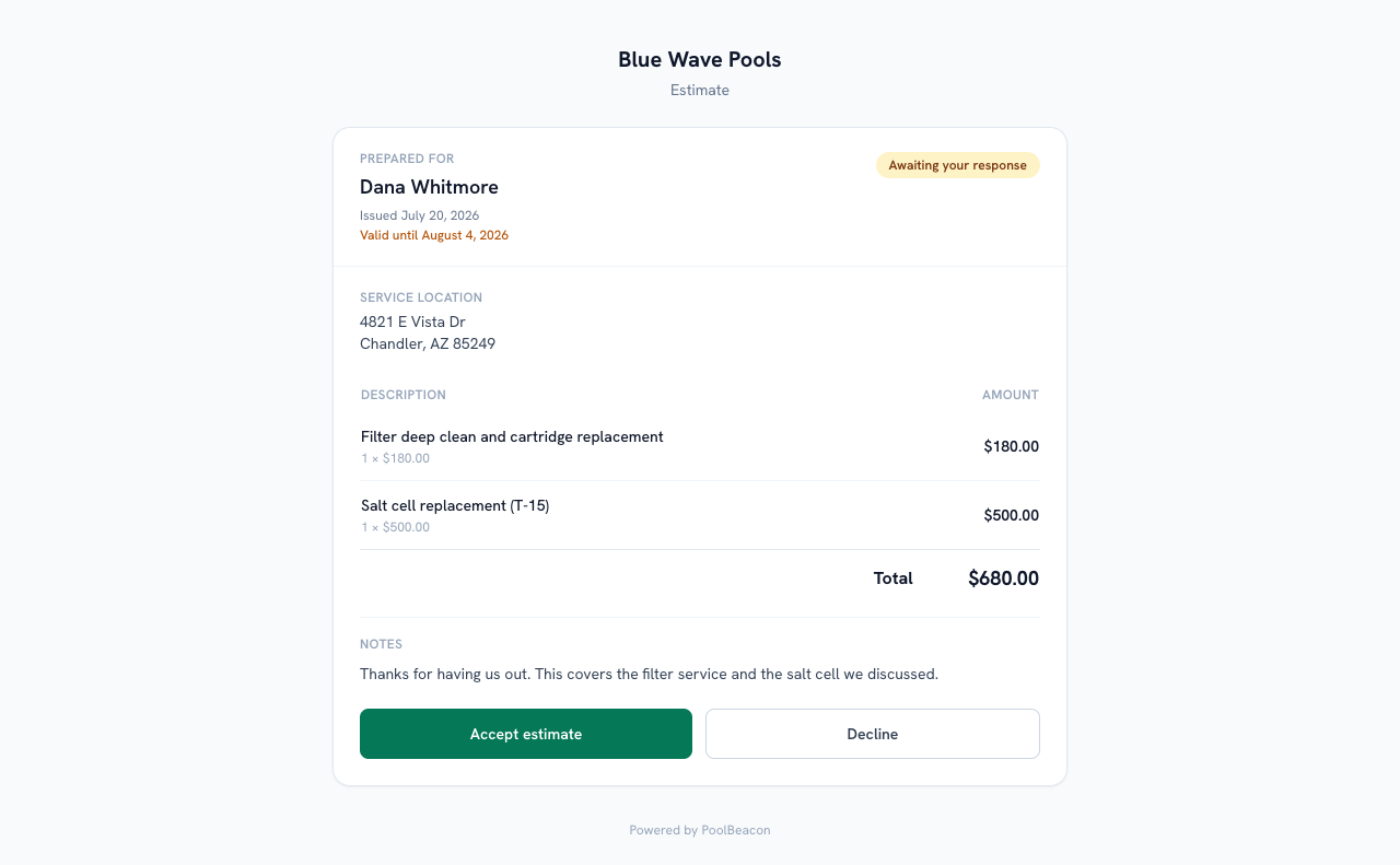 The customer-facing estimate page showing the business name, an Awaiting your response badge, the service location, two line items totaling $680, a note, and Accept estimate and Decline buttons