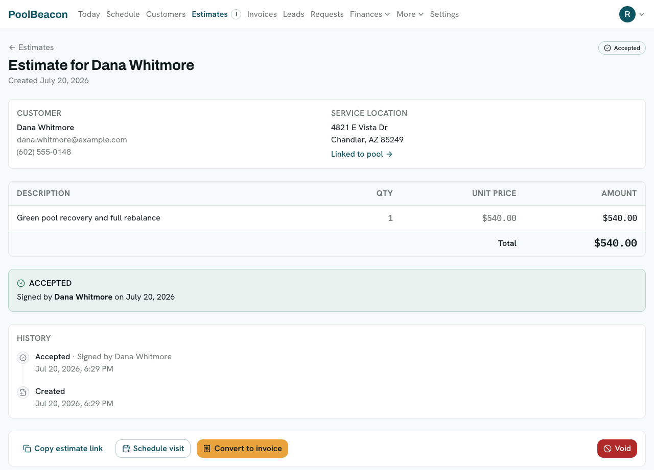 An accepted estimate detail page: customer and service location, a line item, an Accepted panel reading Signed by Dana Whitmore, a history timeline, and Copy estimate link, Schedule visit, Convert to invoice, and Void actions