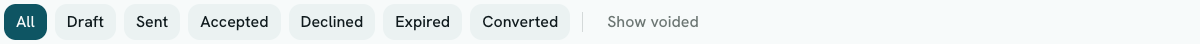 The estimate status filter tabs: All, Draft, Sent, Accepted, Declined, Expired, Converted, and a Show voided link