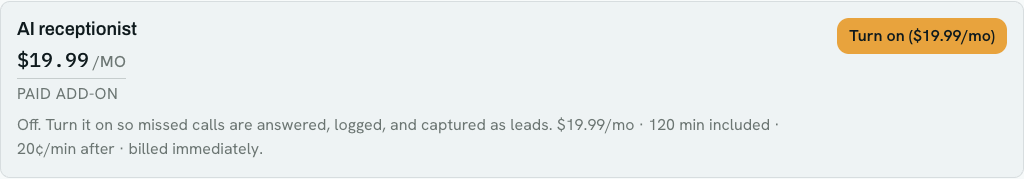 The AI receptionist add-on card showing $19.99 per month, 120 minutes included, and a Turn on button