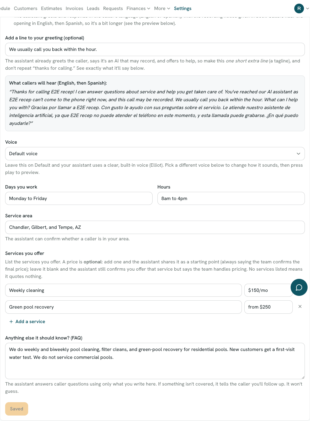 The receptionist config form: greeting line, a preview of what callers hear, voice, work days and hours, service area, services with prices, and an FAQ