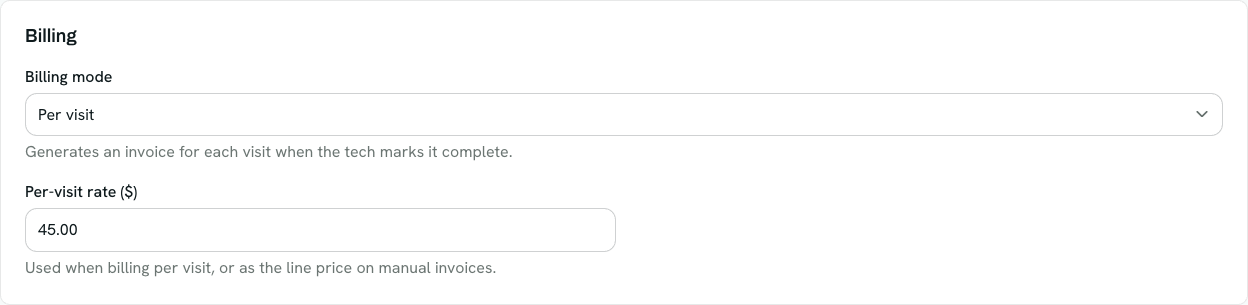 The pool Billing section set to Per visit, with a per-visit rate field