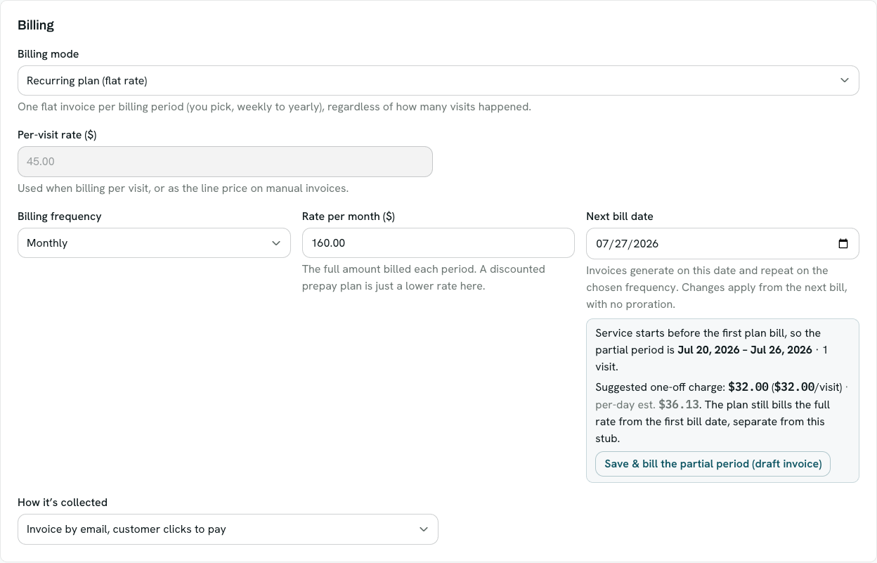 The pool Billing section set to Recurring plan, showing billing frequency Monthly, a rate per month, a next bill date, and how it is collected