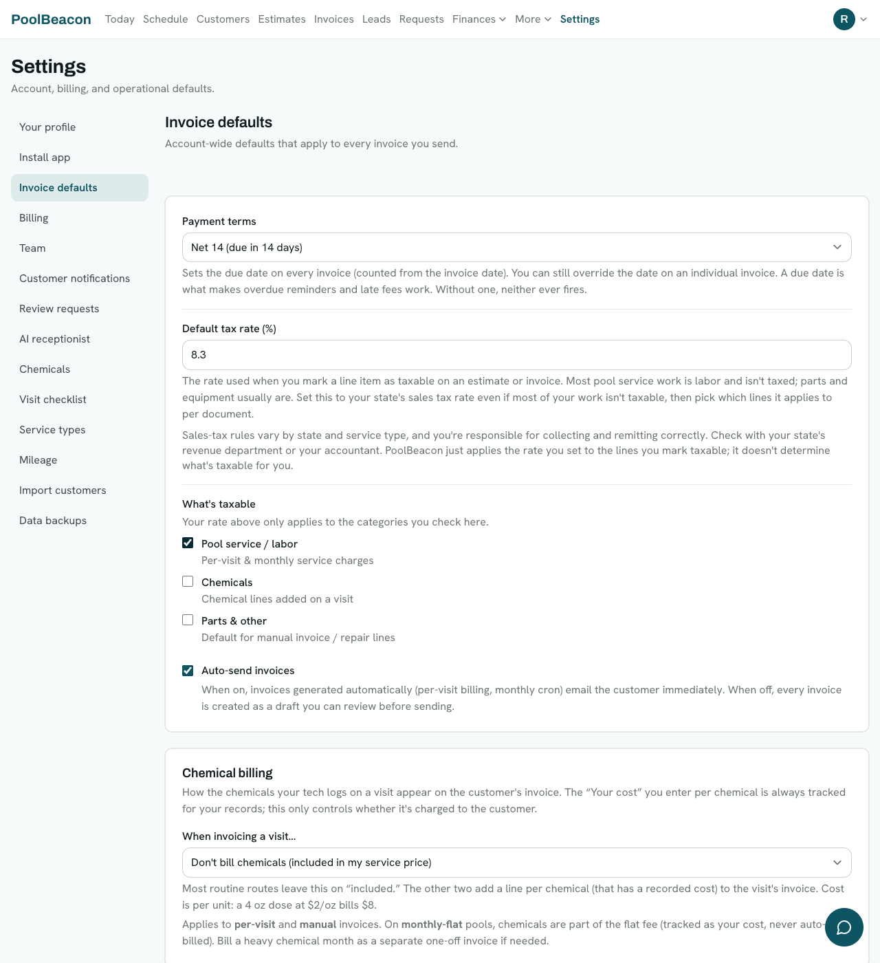 The Invoice defaults settings page with payment terms, default tax rate, taxable categories, and the auto-send invoices toggle