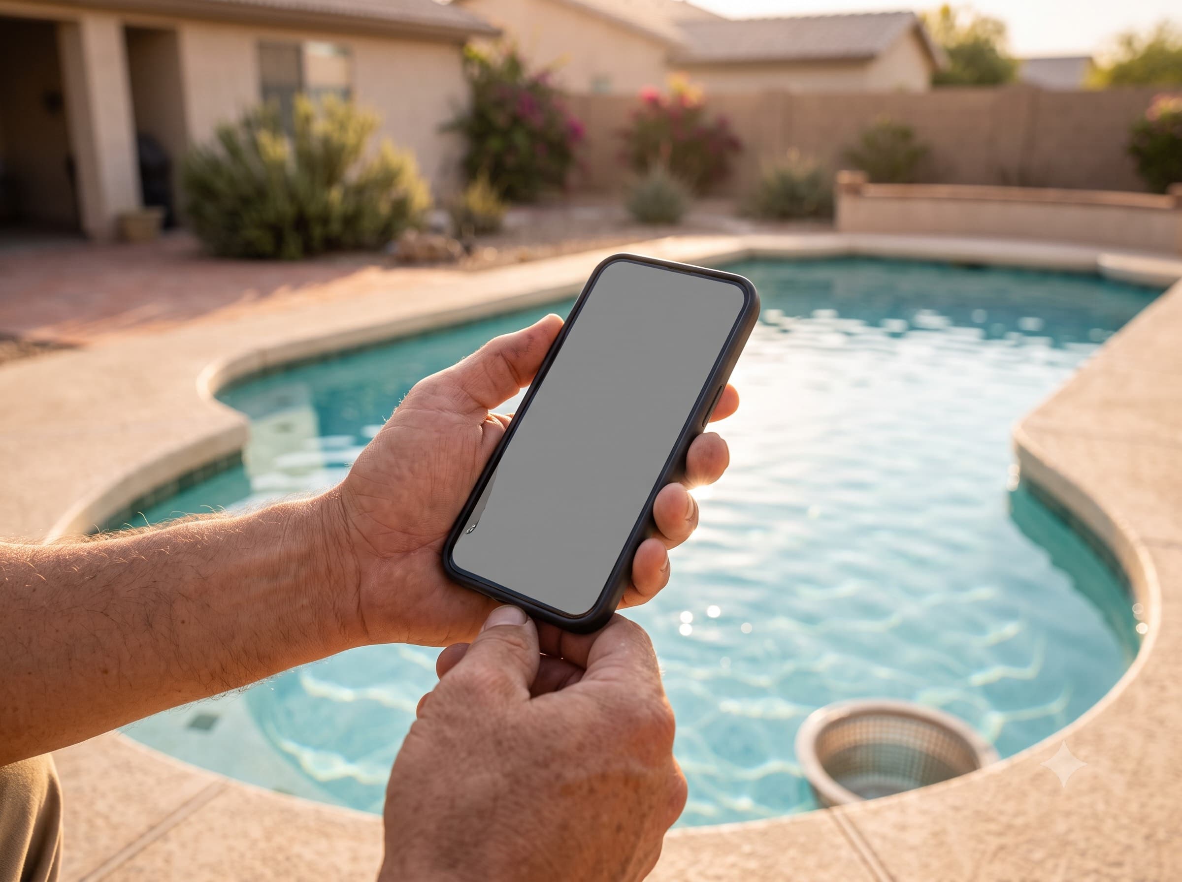 A technician's hand holding a phone at the edge of a pool